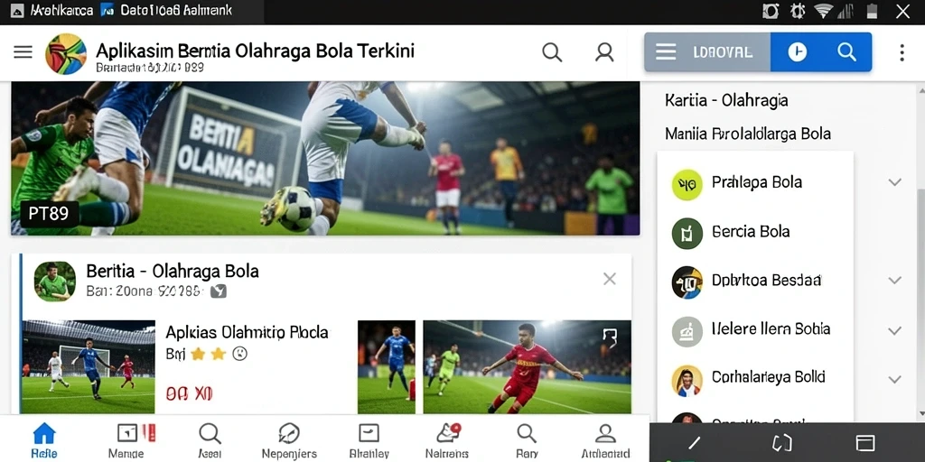 Antarmuka aplikasi PT89 yang menarik dengan tampilan berita Olahraga Bola.